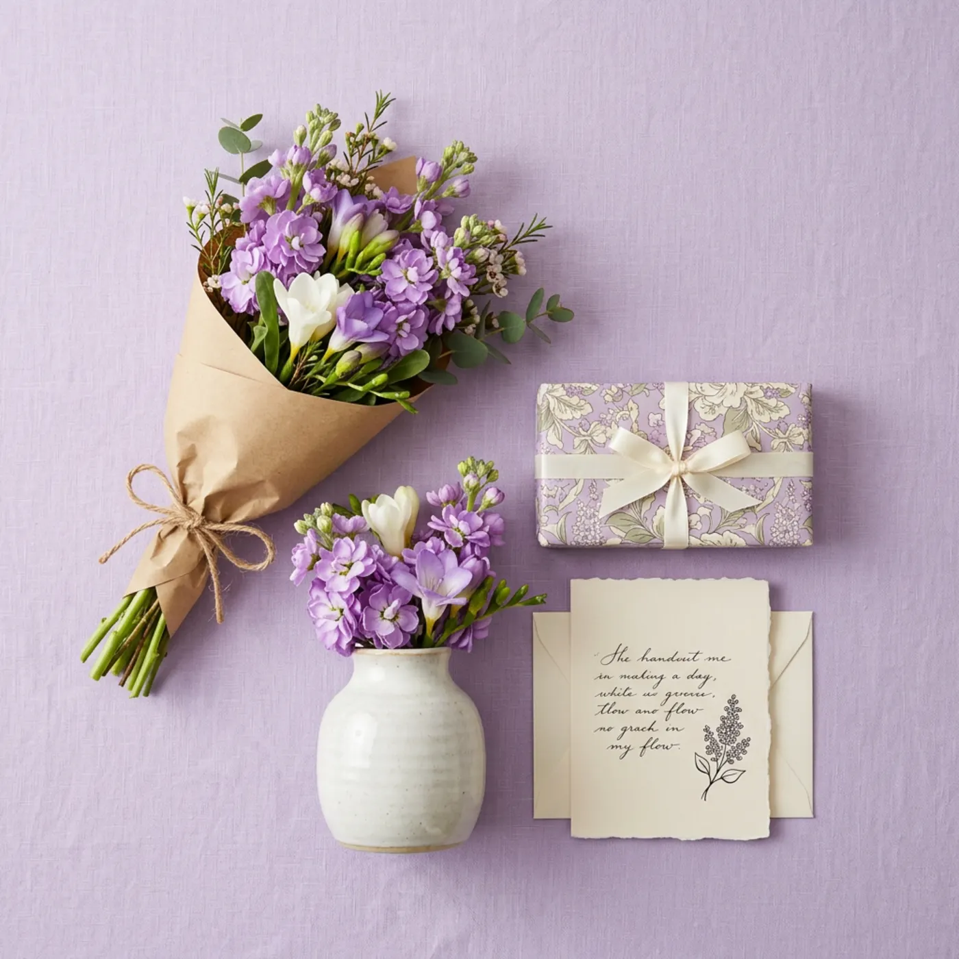 Gift set with lilac stocks, ceramic vase, chocolates and handwritten card