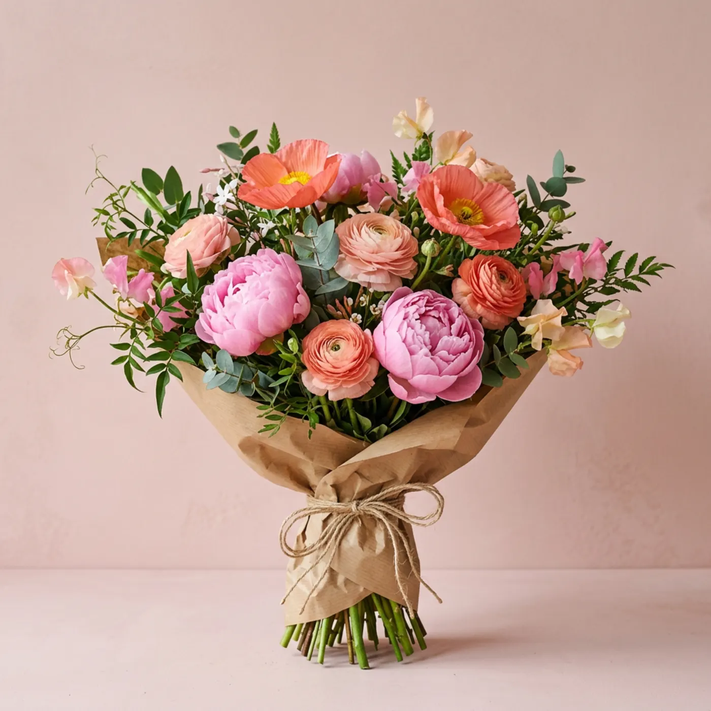 Hand-tied bouquet of pink peonies, poppies and ranunculus in kraft paper